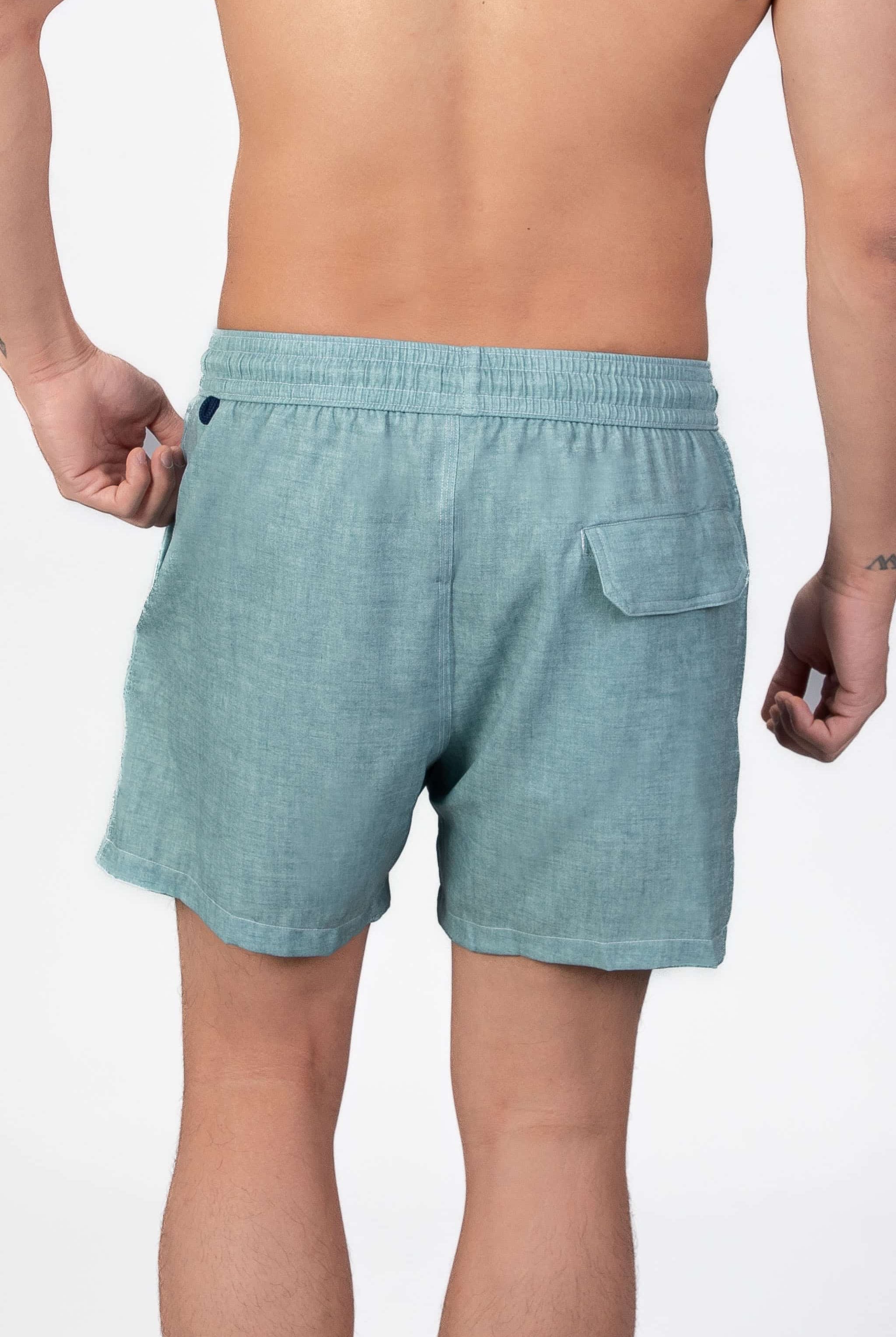 Comfortable, soft aqua blue lounge swim shorts shown from the back, with an elastic waistband