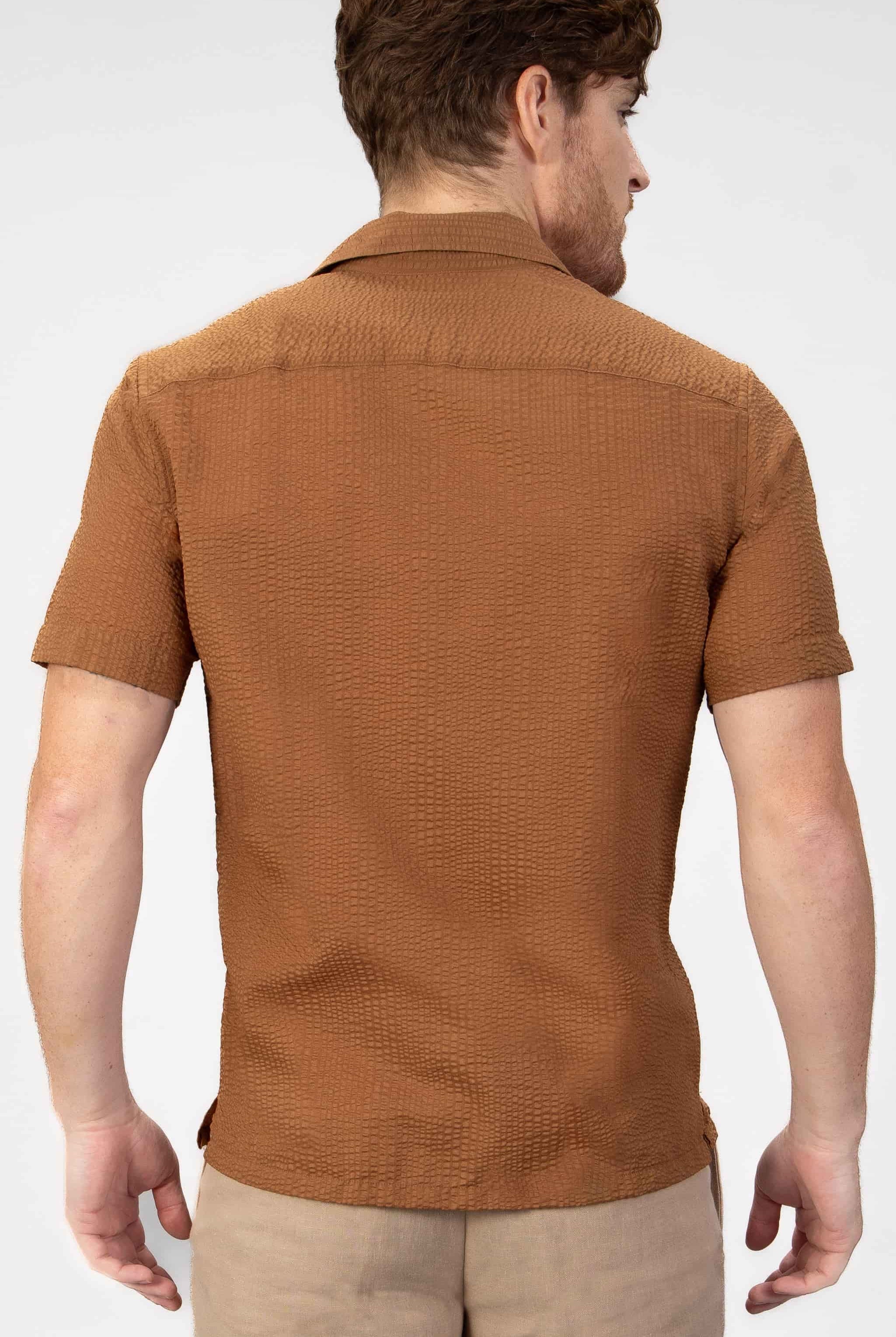 Man wearing a brown seersucker shirt on a light gray background
