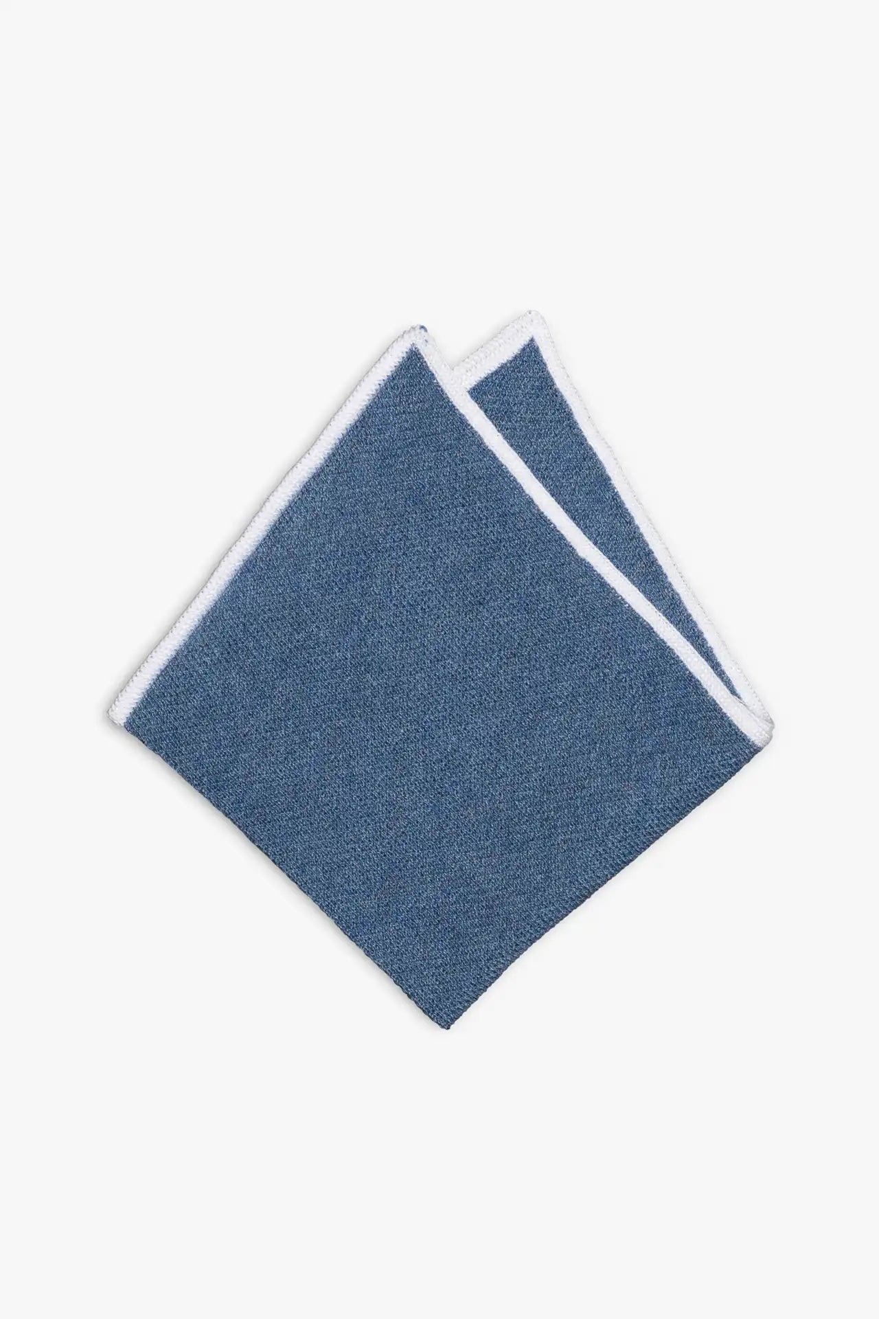 Blue knitted pocket square with white boarder in knitted cotton