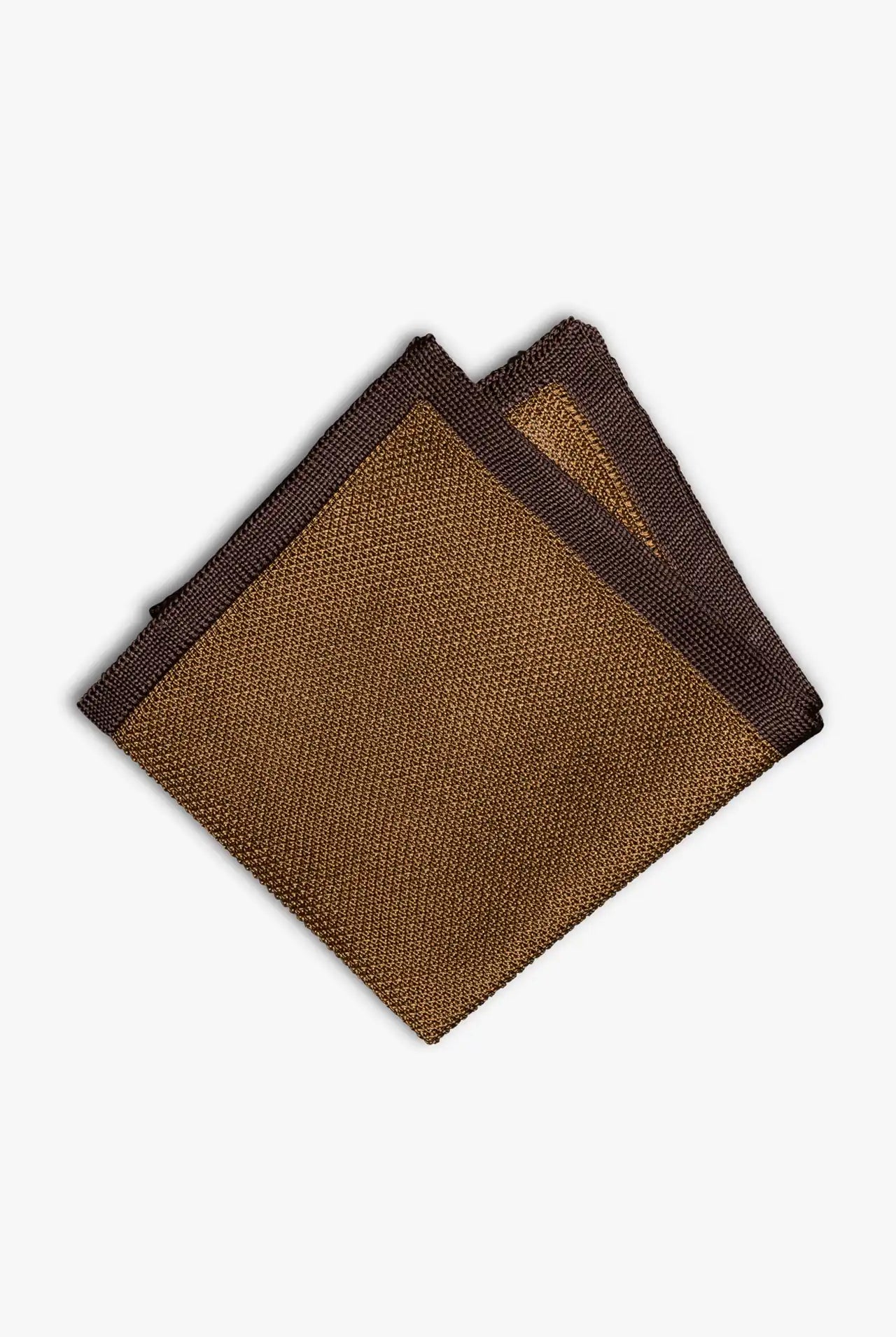 Brown knitted pocket square with dark brown boarder. Made of silk in Italy.