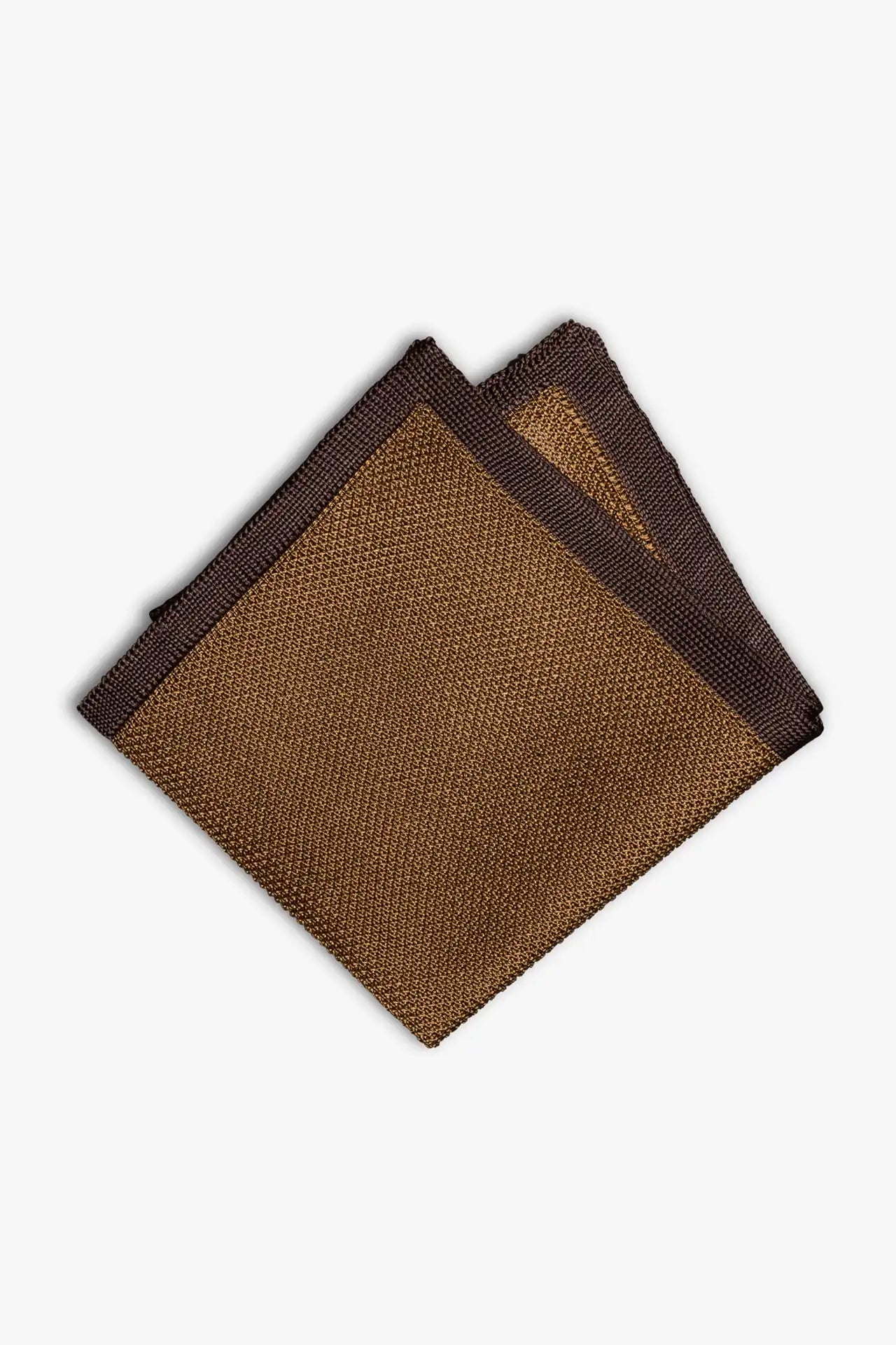 Brown knitted pocket square with dark brown boarder. Made of silk in Italy.