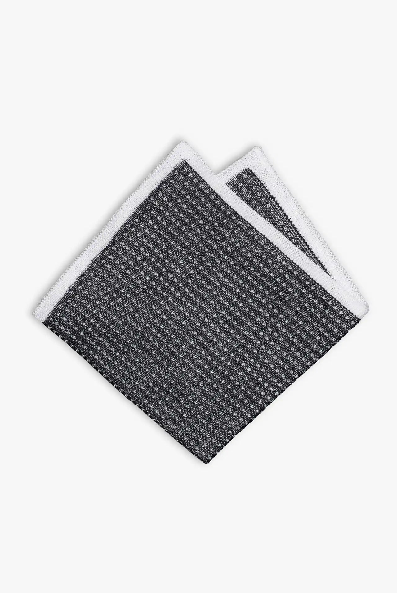 Dark gray and white knitted pocket square with white boarder in cotton