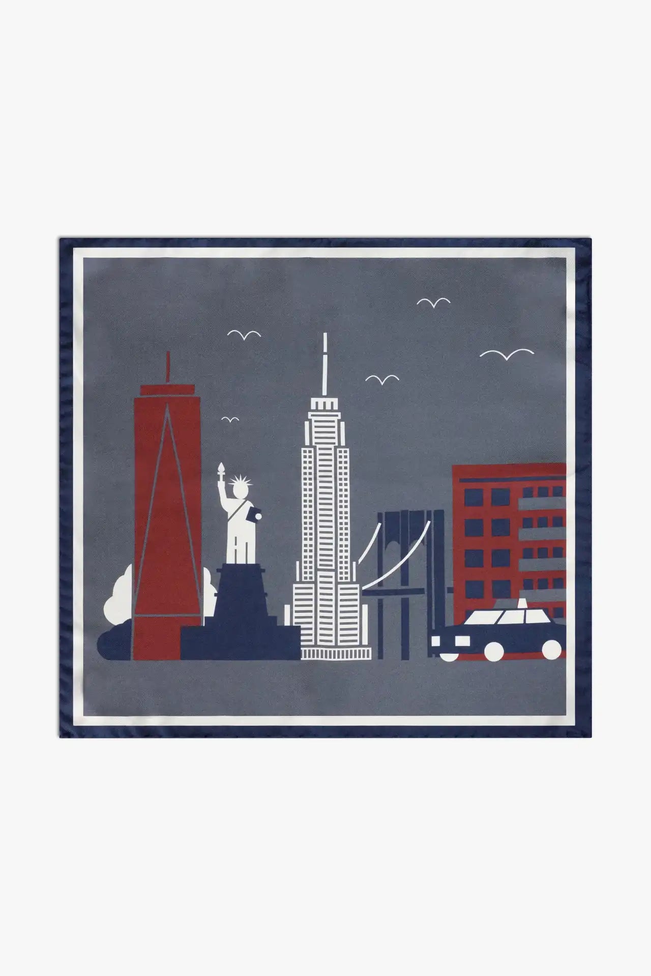 New York motive pocket square in silk, gray,blue and red