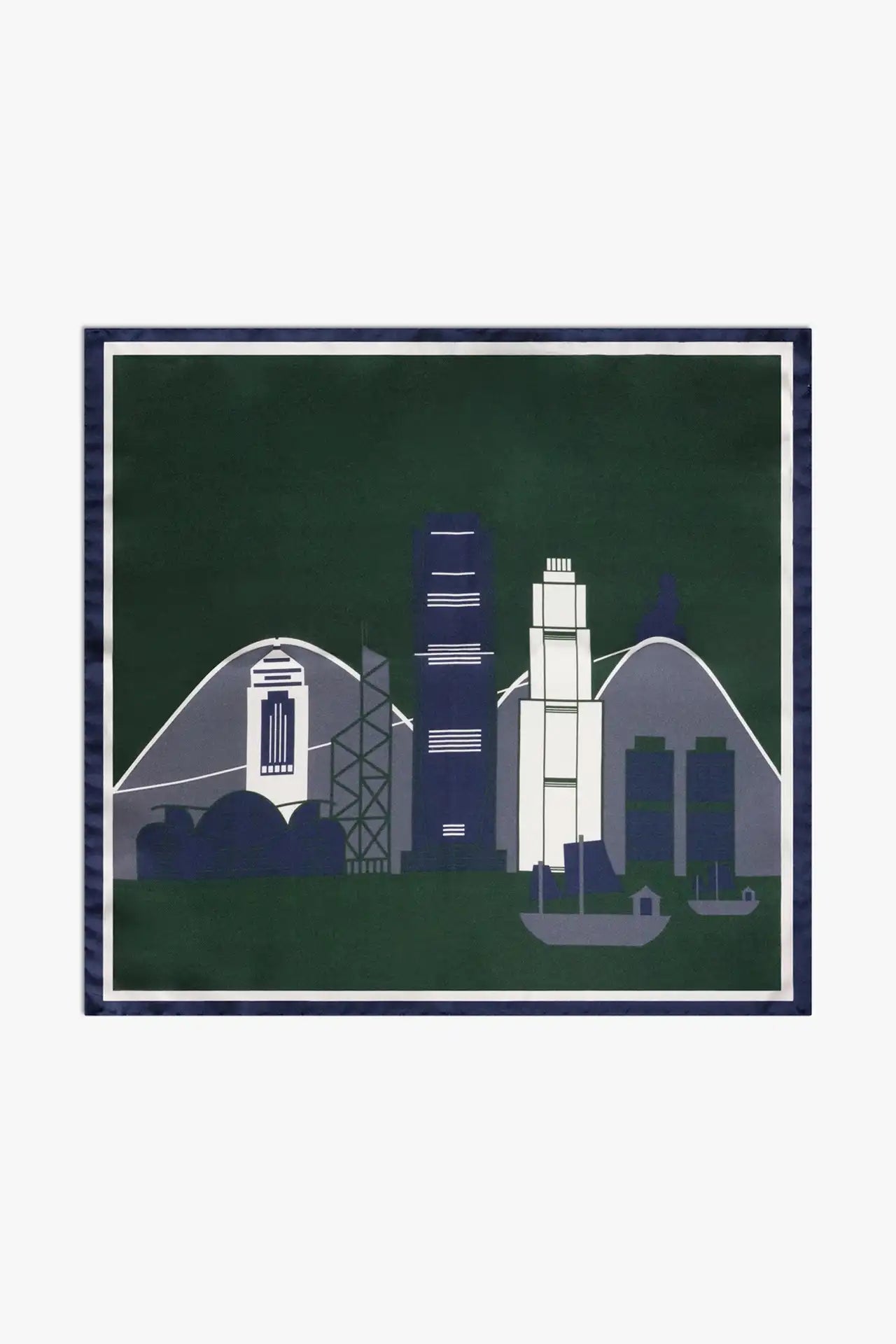 Hong Kong motive pocket square in silk, green and blue
