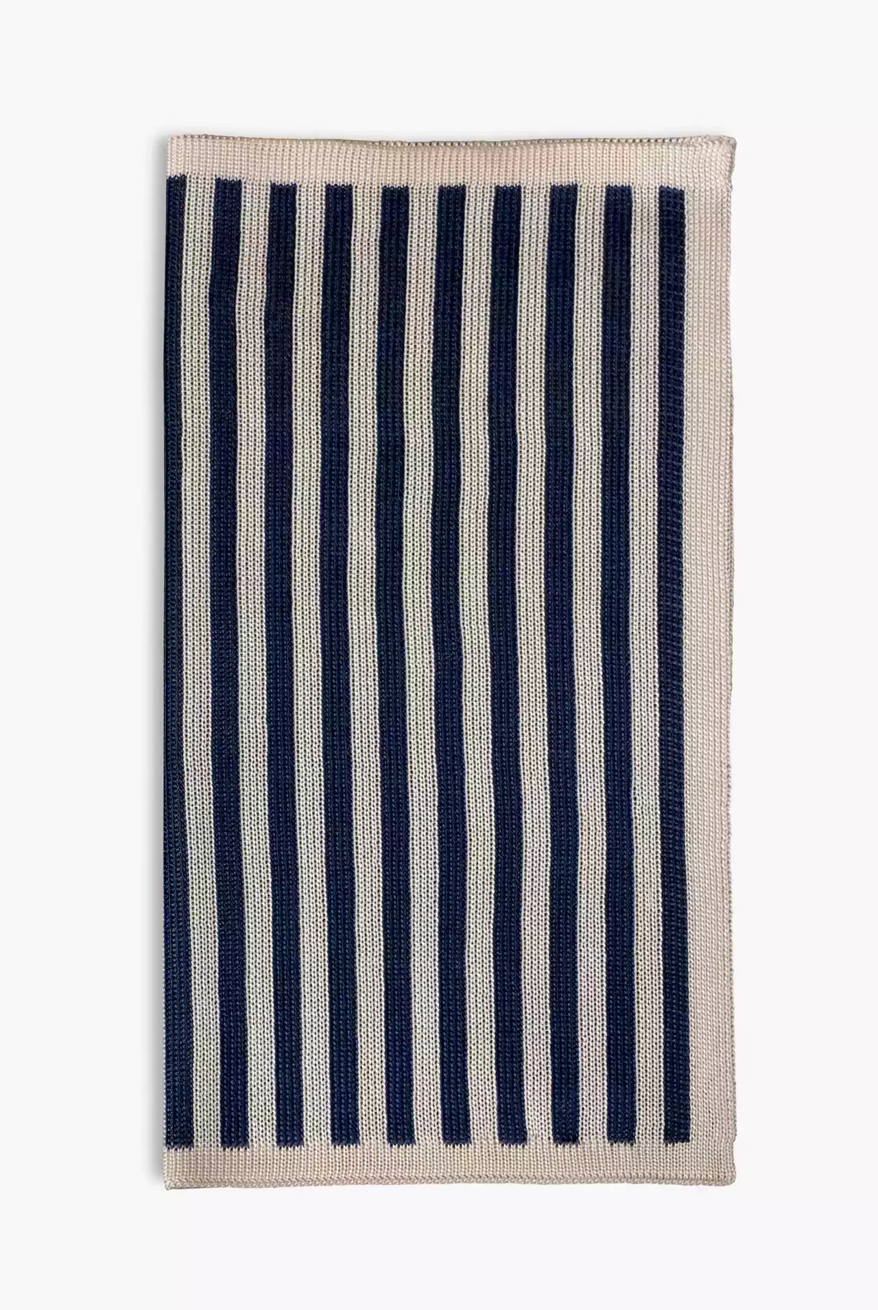 Navy blue and white striped knitted silk pocket square. Made in Italy.
