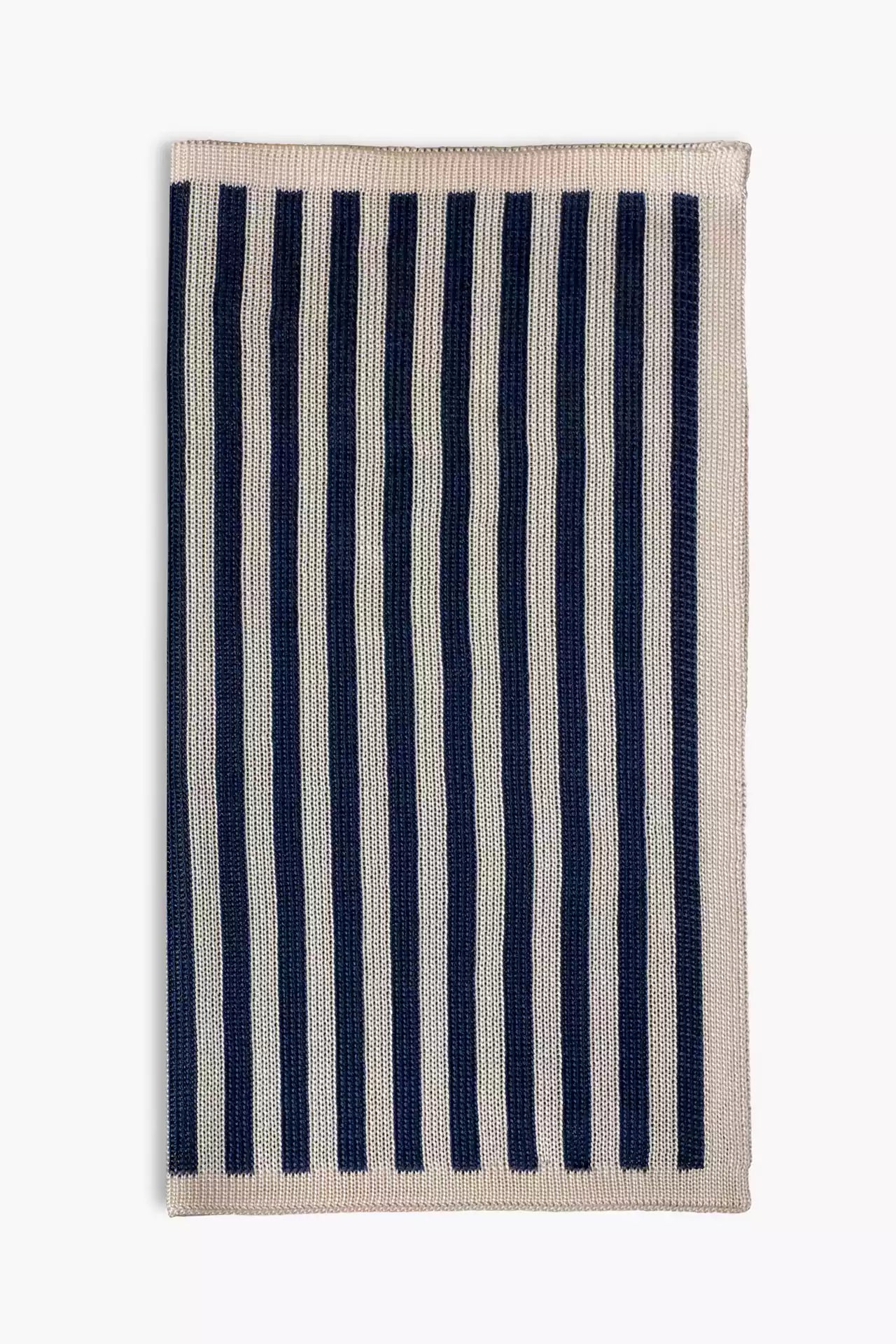 Navy blue and white striped knitted silk pocket square. Made in Italy.