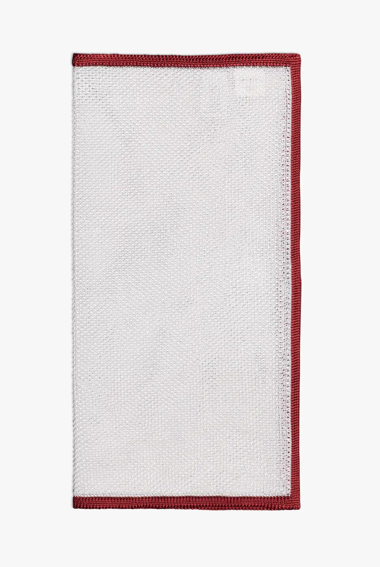 White knitted silk pocket square with red frame. Made in Italy.