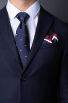 Stockholm motive pocket square in silk, paired with blue ties with polka dots