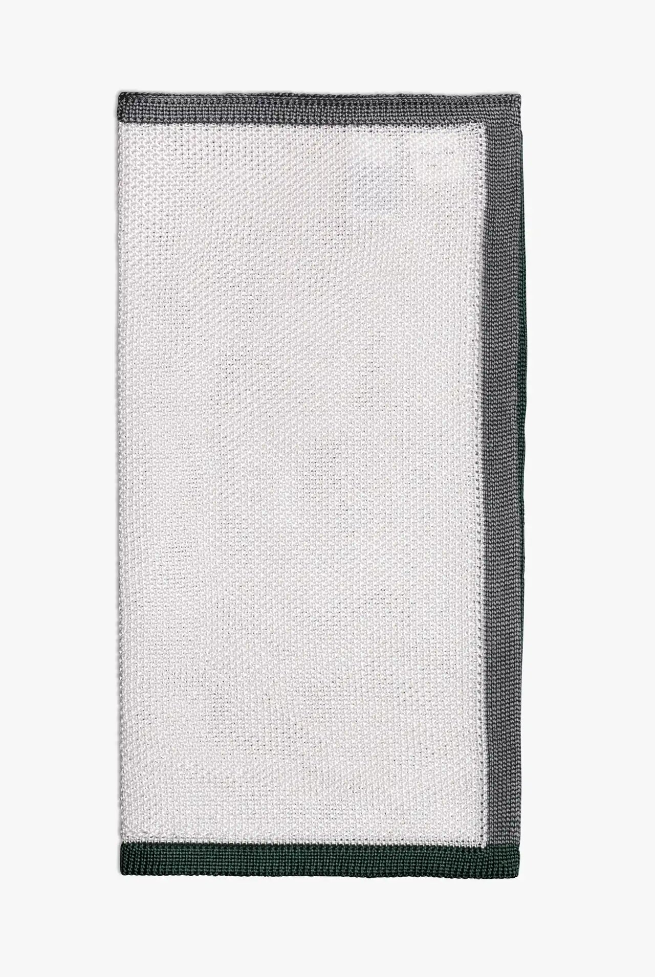 White pocket square with gray and green boarder. Knitted silk made in Italy.