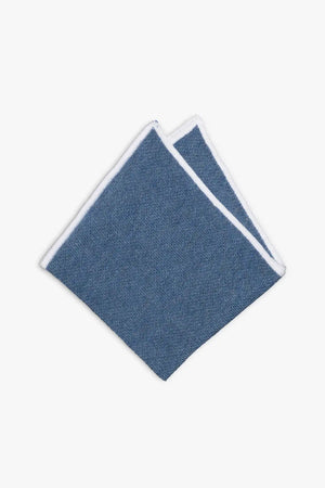 Blue knitted pocket square with white boarder in knitted cotton 