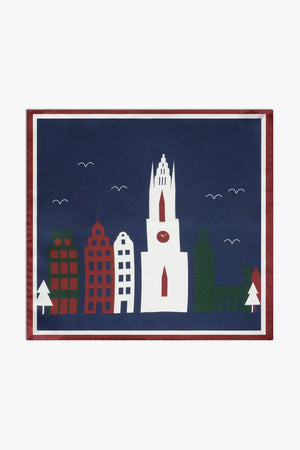 New York motive pocket square in silk, blue and red