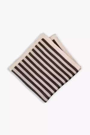 Brown and white striped knitted silk pocket square. Made in Italy.