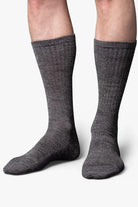 Dark gray casual boot sock in merino wool. Swedish design by once a day and produced by glenn clyde. Can we washed in warm water without shrinking.