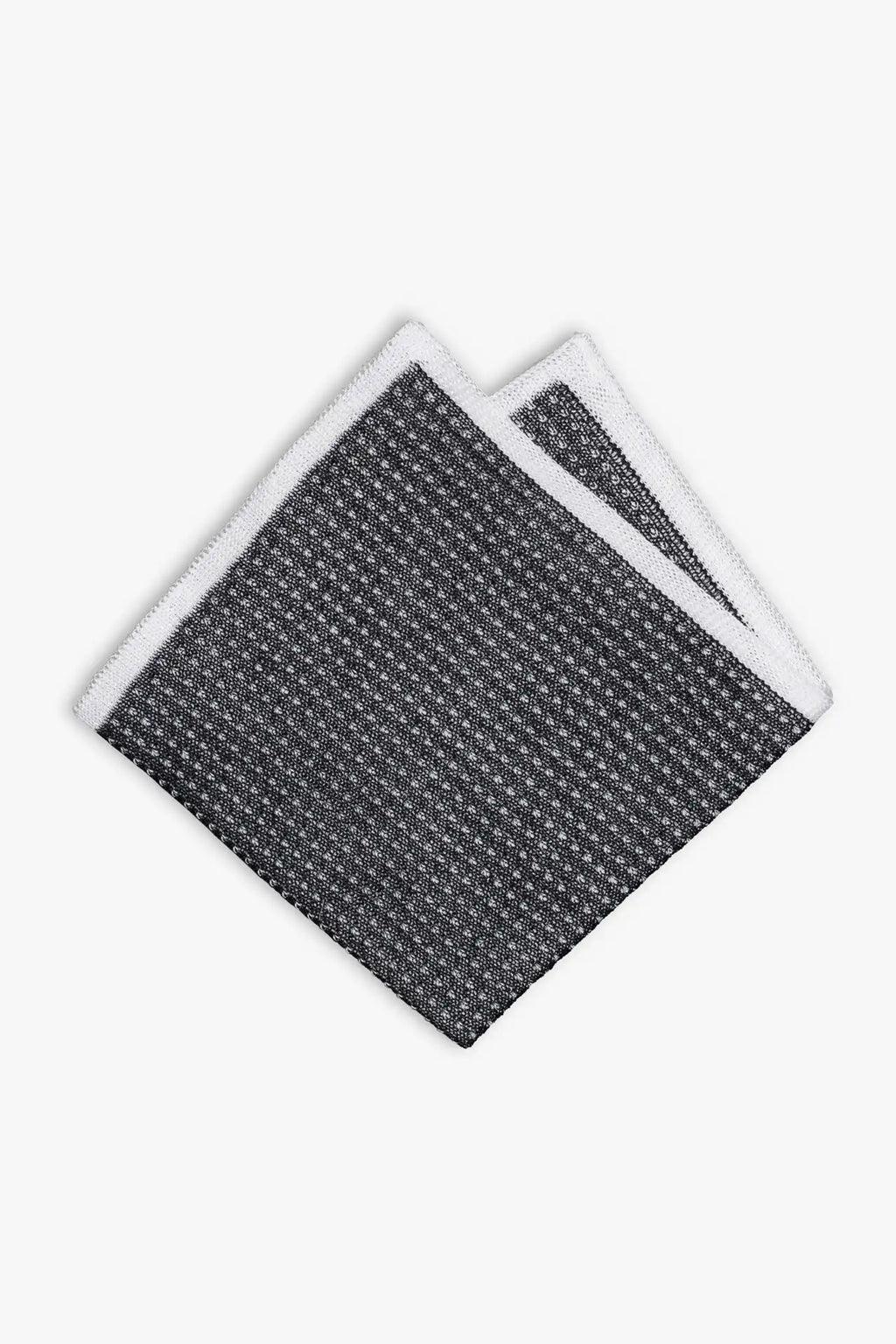 Dark gray and white knitted pocket square with white boarder in cotton 