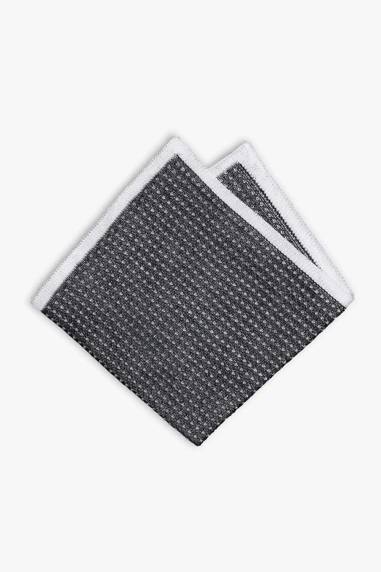 Dark gray and white knitted pocket square with white boarder in cotton 