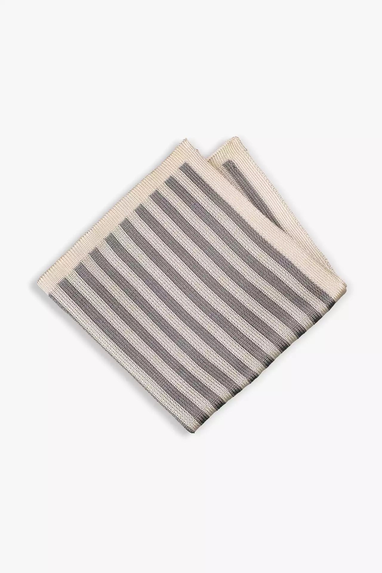 Gray and white striped knitted silk pocket square. Made in Italy paired with Matching tie.