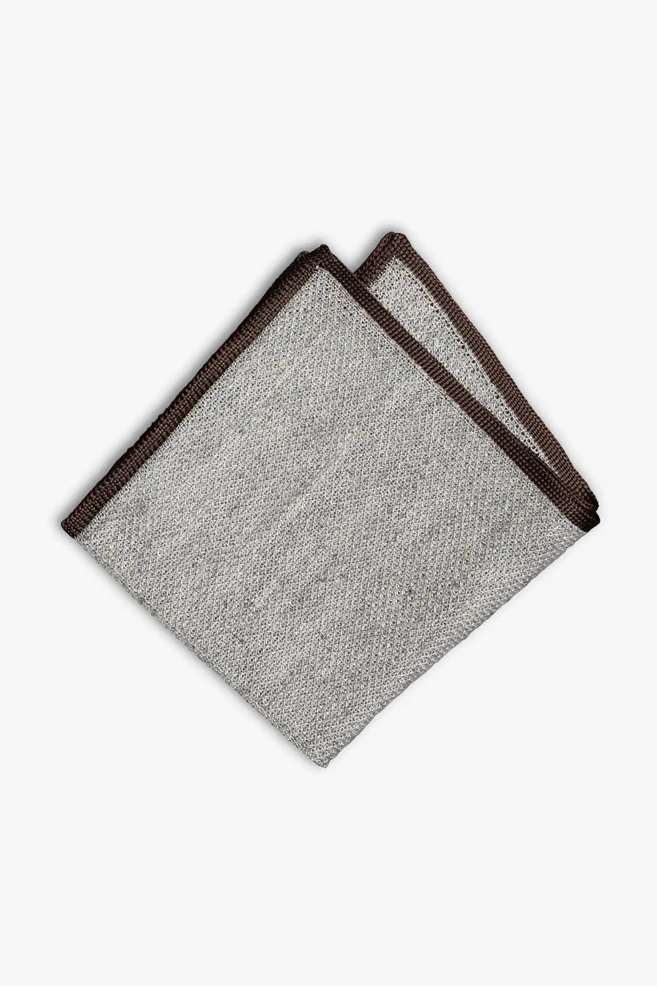 Gray knitted pocket square with brown boarder. Made of silk in Italy.