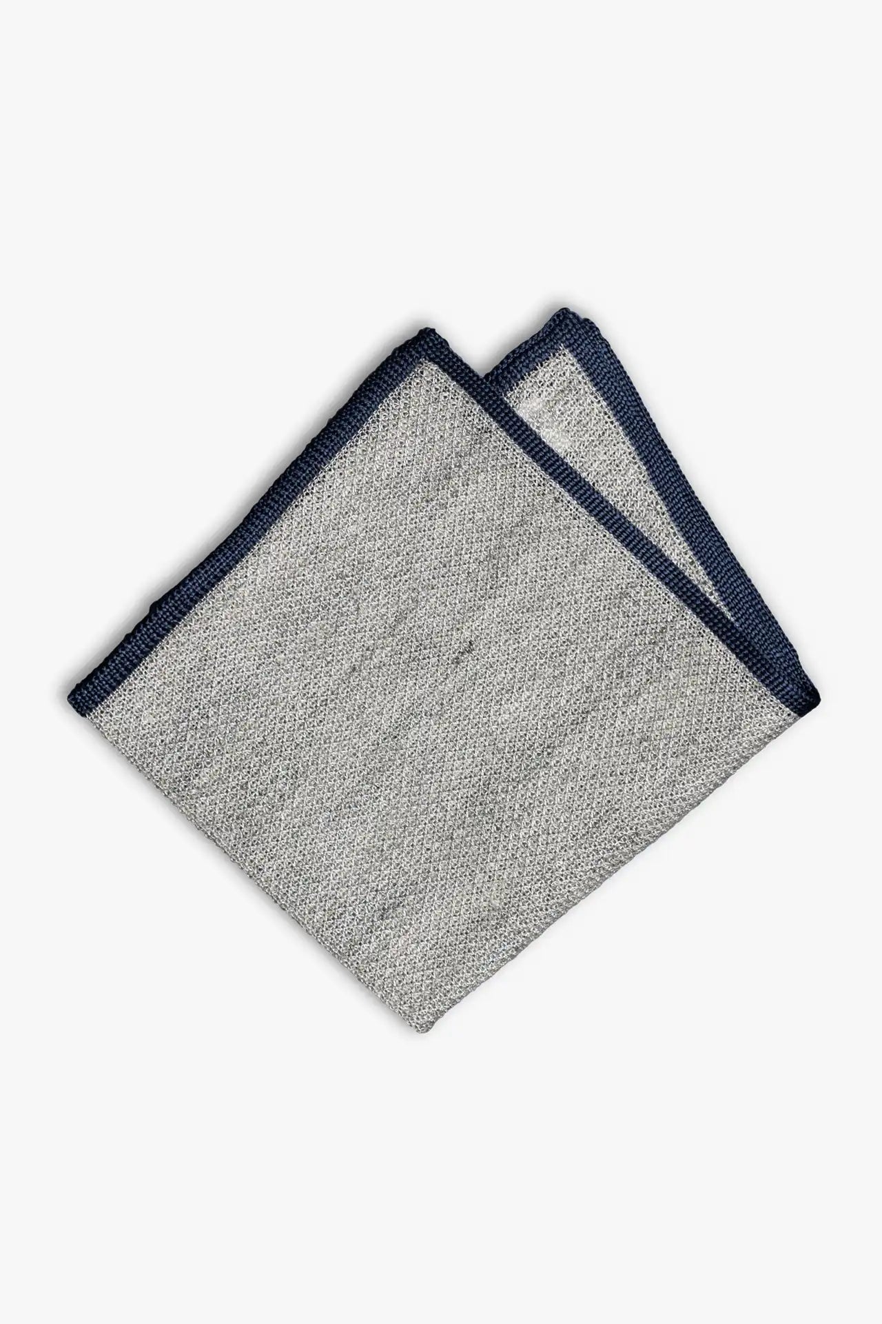 Gray knitted pocket square with navy blue boarder. Made of silk in Italy.