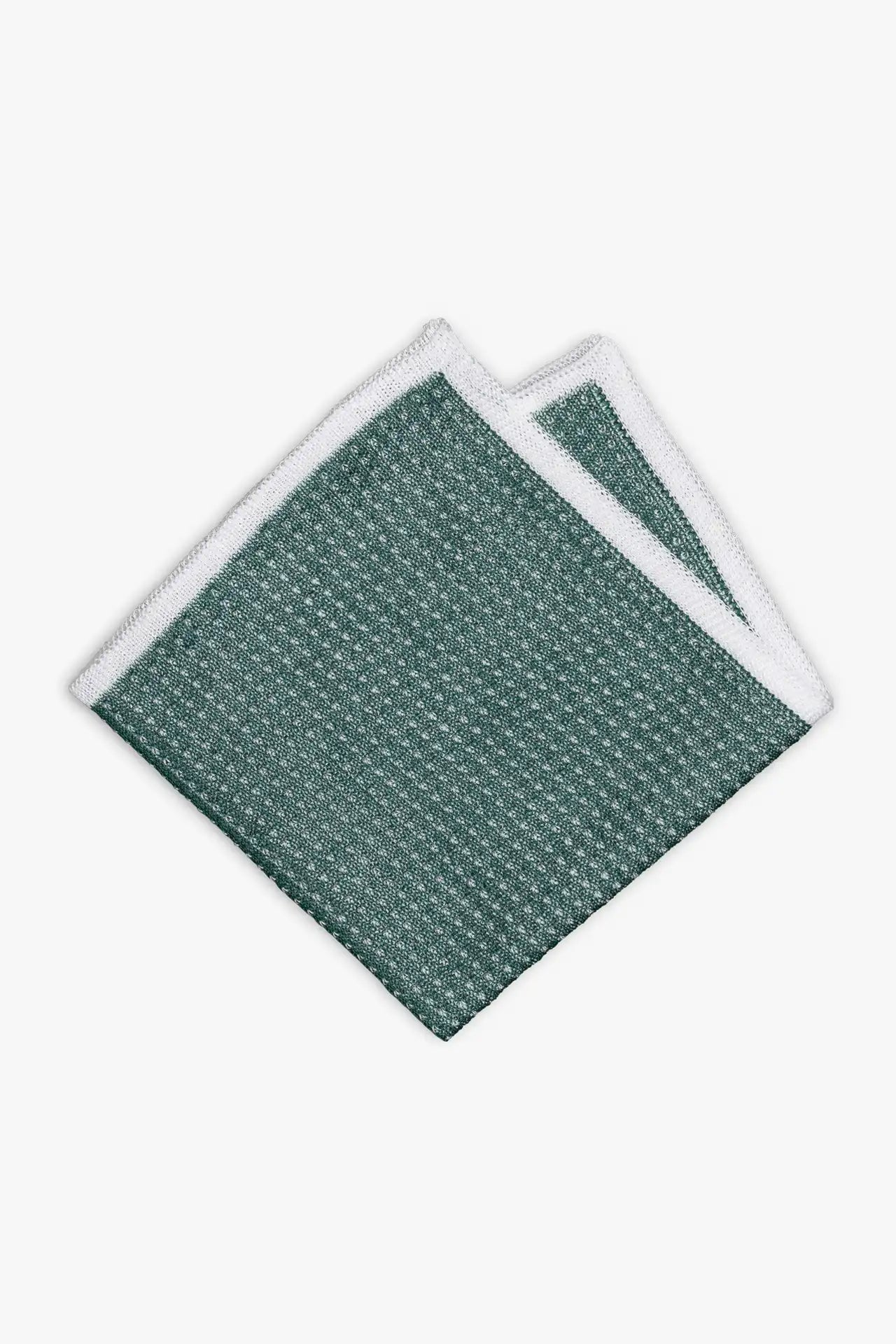 Green and white knitted pocket square with white boarder in cotton 
