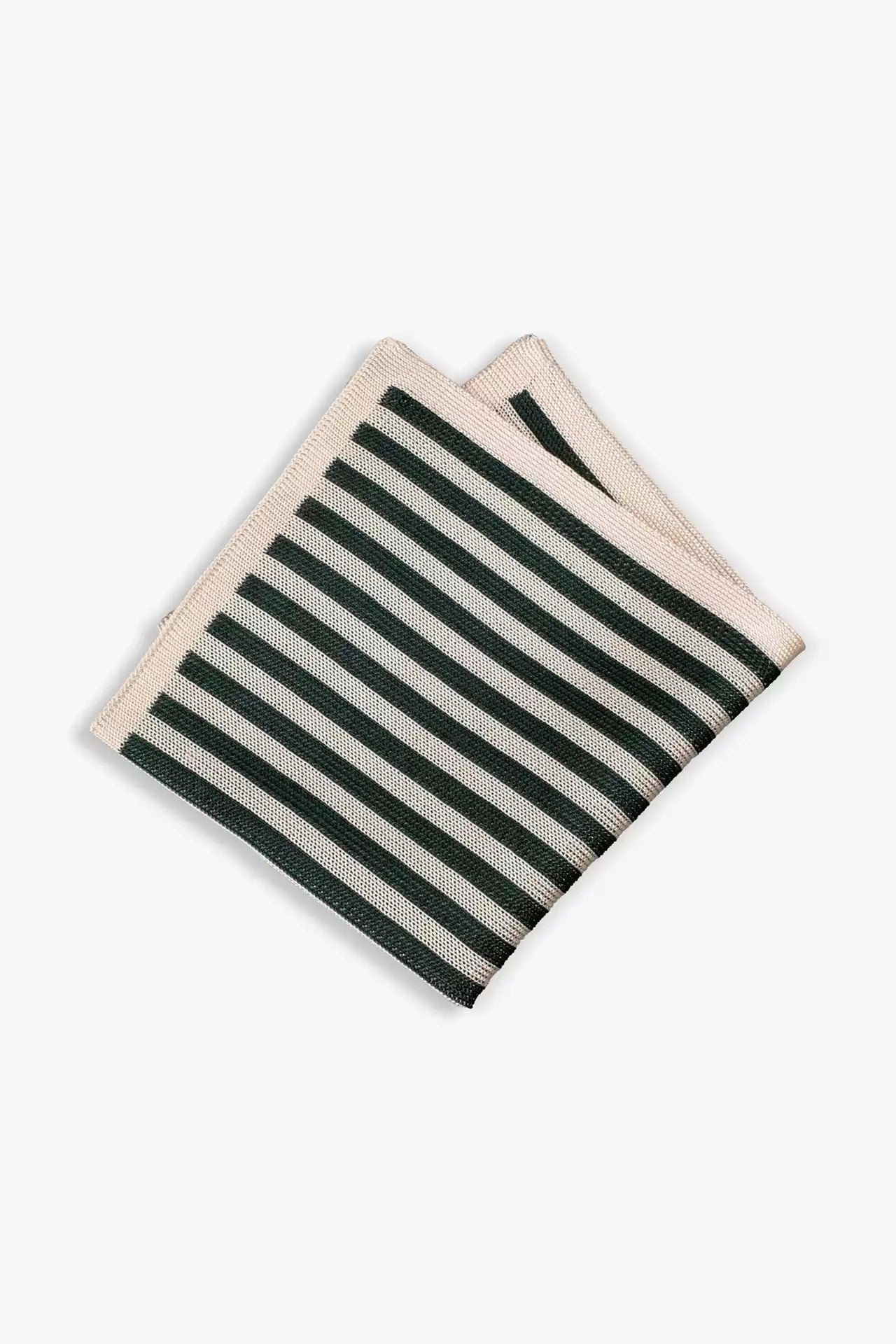 Green and white striped knitted silk pocket square. Made in Italy.