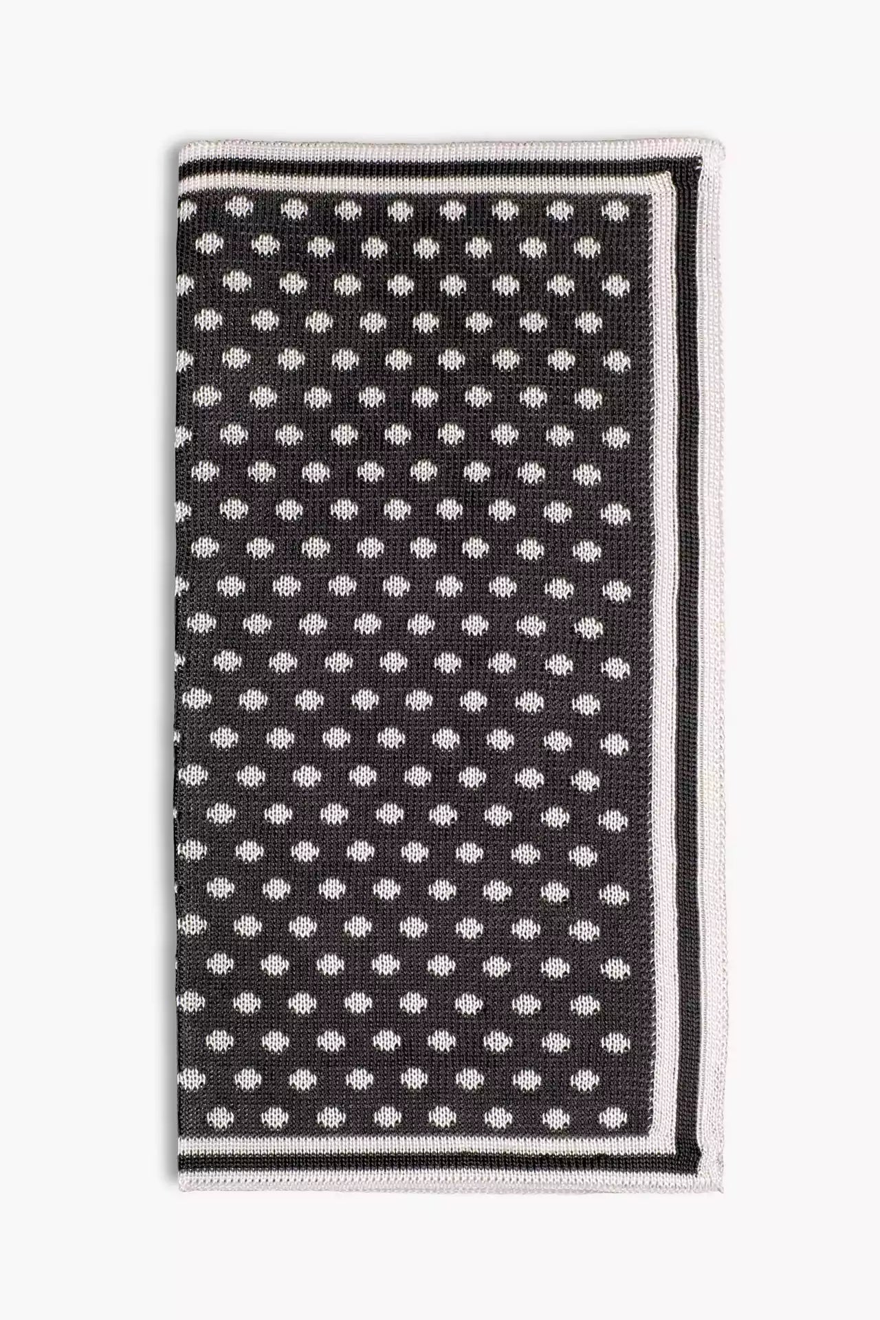Gray knitted pocket square with white dots in knitted silk