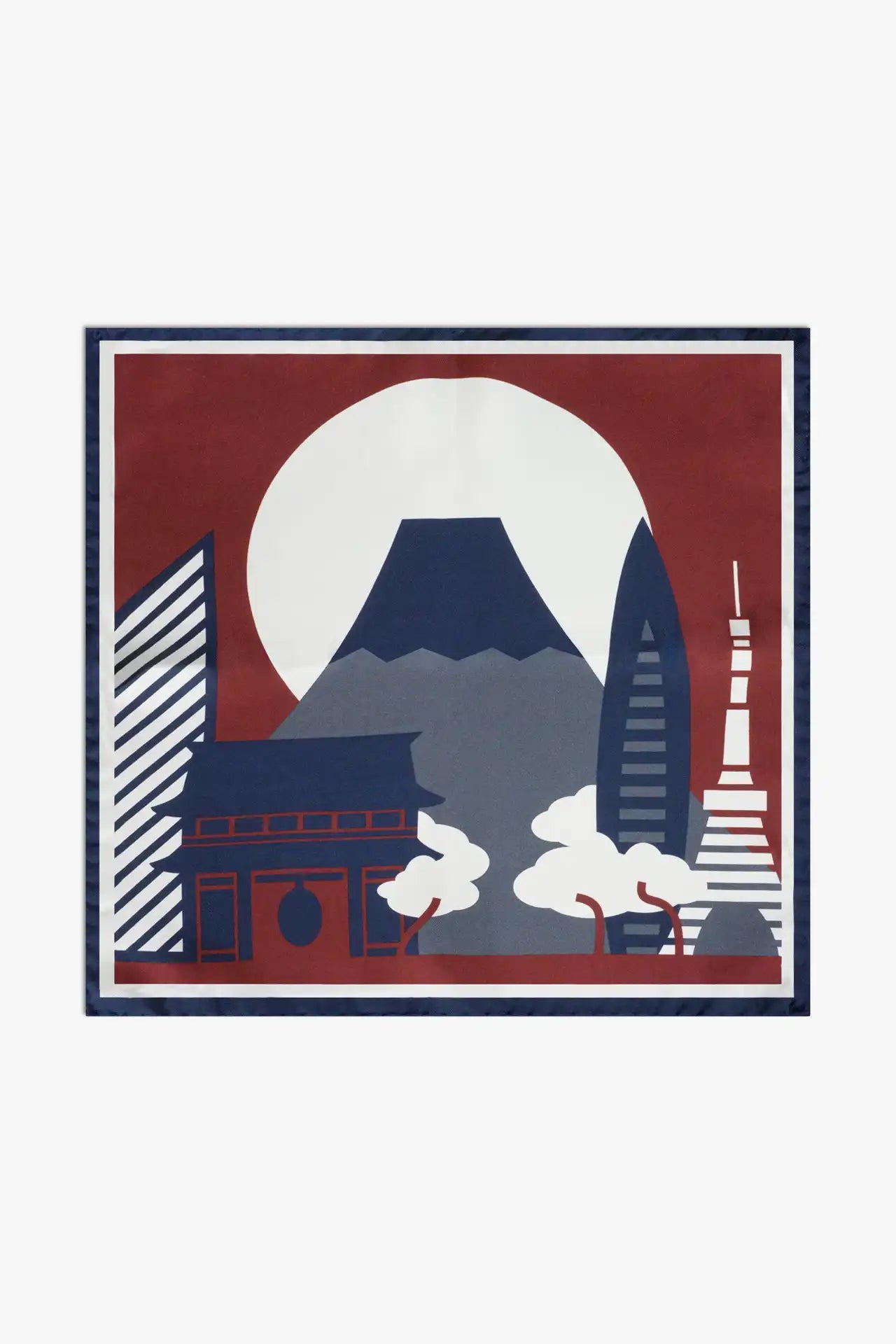 Tokyo Mount Fuji pocket square in silk, red and blue