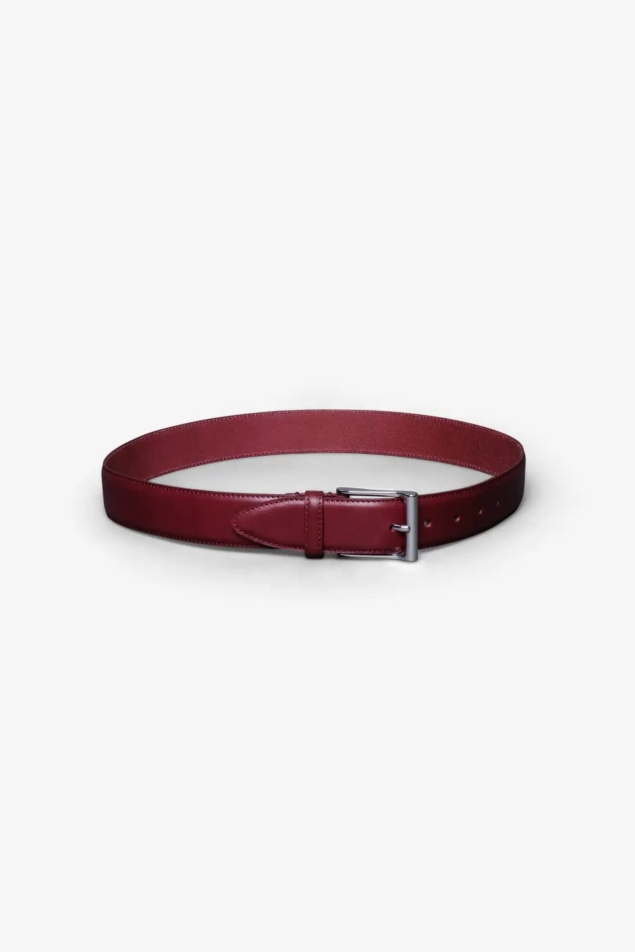 Rosewood Red Leather Belt in minimalist design, Made in Italy from vegetable tanned leather. Perfect to match with hand made dress shoes. 