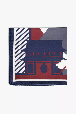 Tokyo Mount Fuji pocket square in silk, red and blue