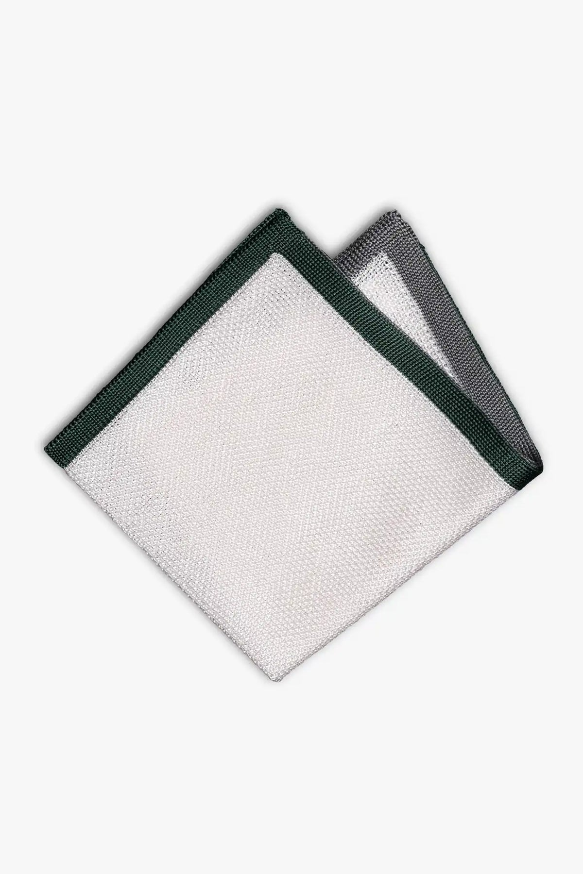 White pocket square with gray and green boarder. Knitted silk made in Italy.
