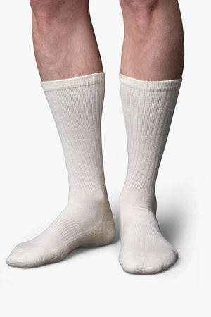 Cream white casual boot sock in merino wool. Swedish design by once a day and produced by glenn clyde. Can we washed in warm water without shrinking.