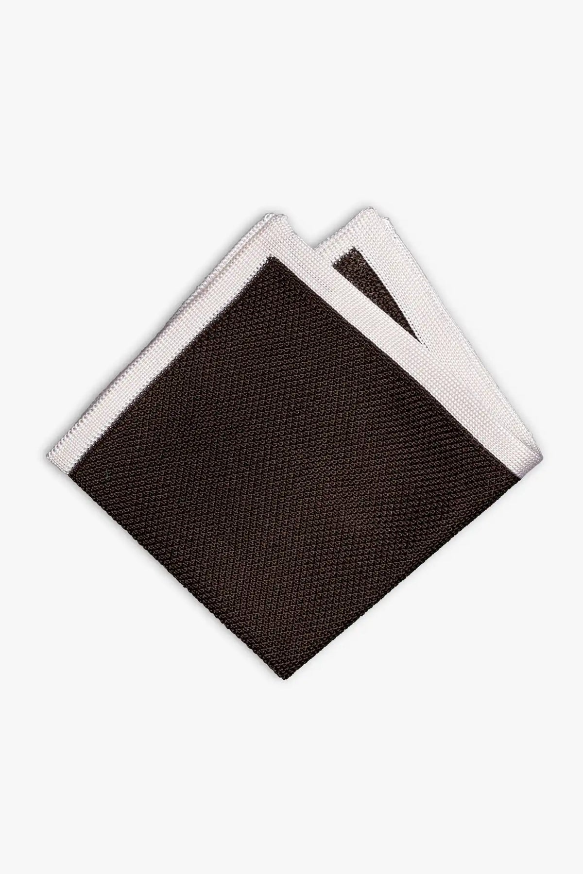 Brown knitted pocket square with white boarder. Made of silk in Italy.