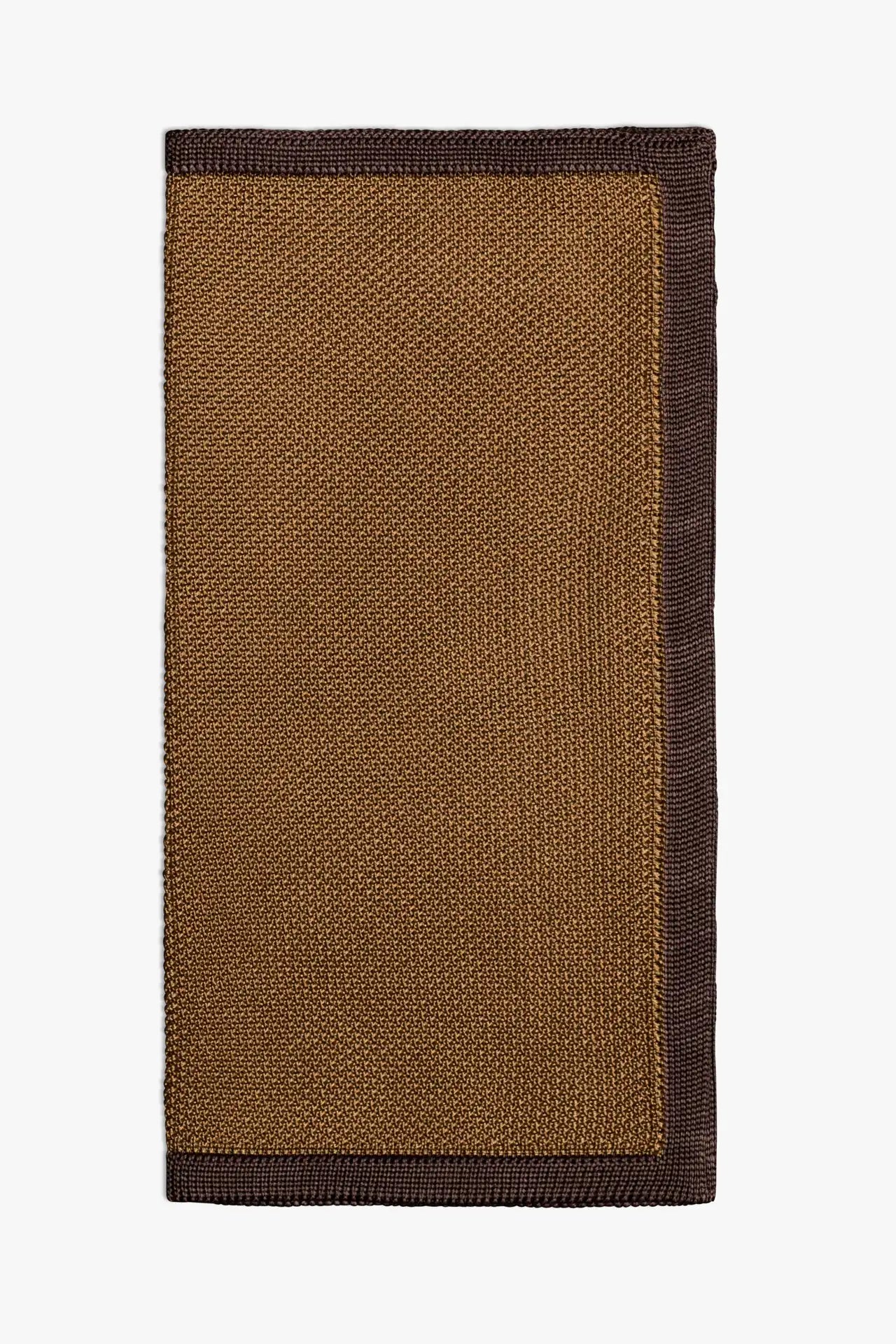 Brown knitted pocket square with dark brown boarder. Made of silk in Italy.