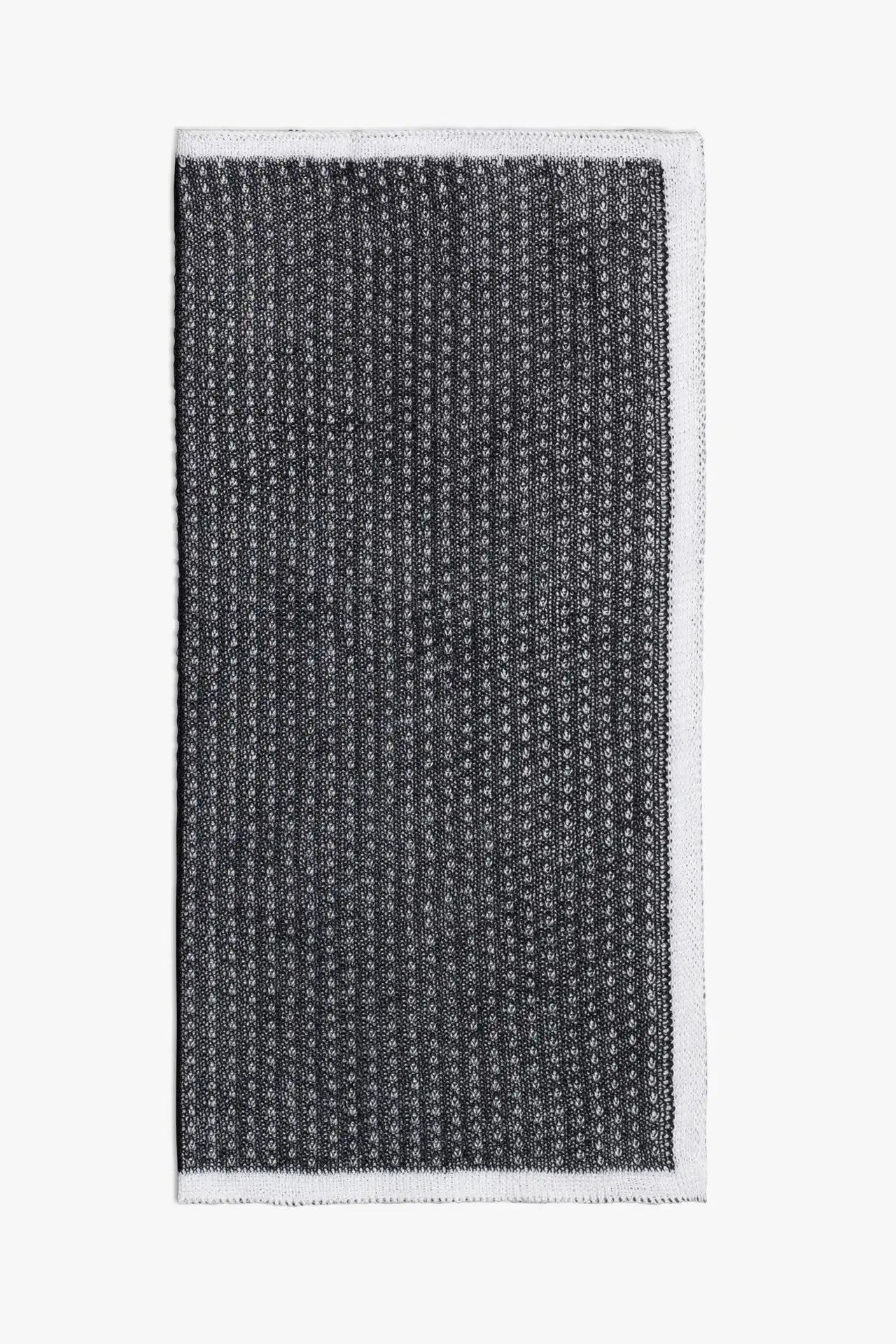 Dark gray and white knitted pocket square with white boarder in cotton 