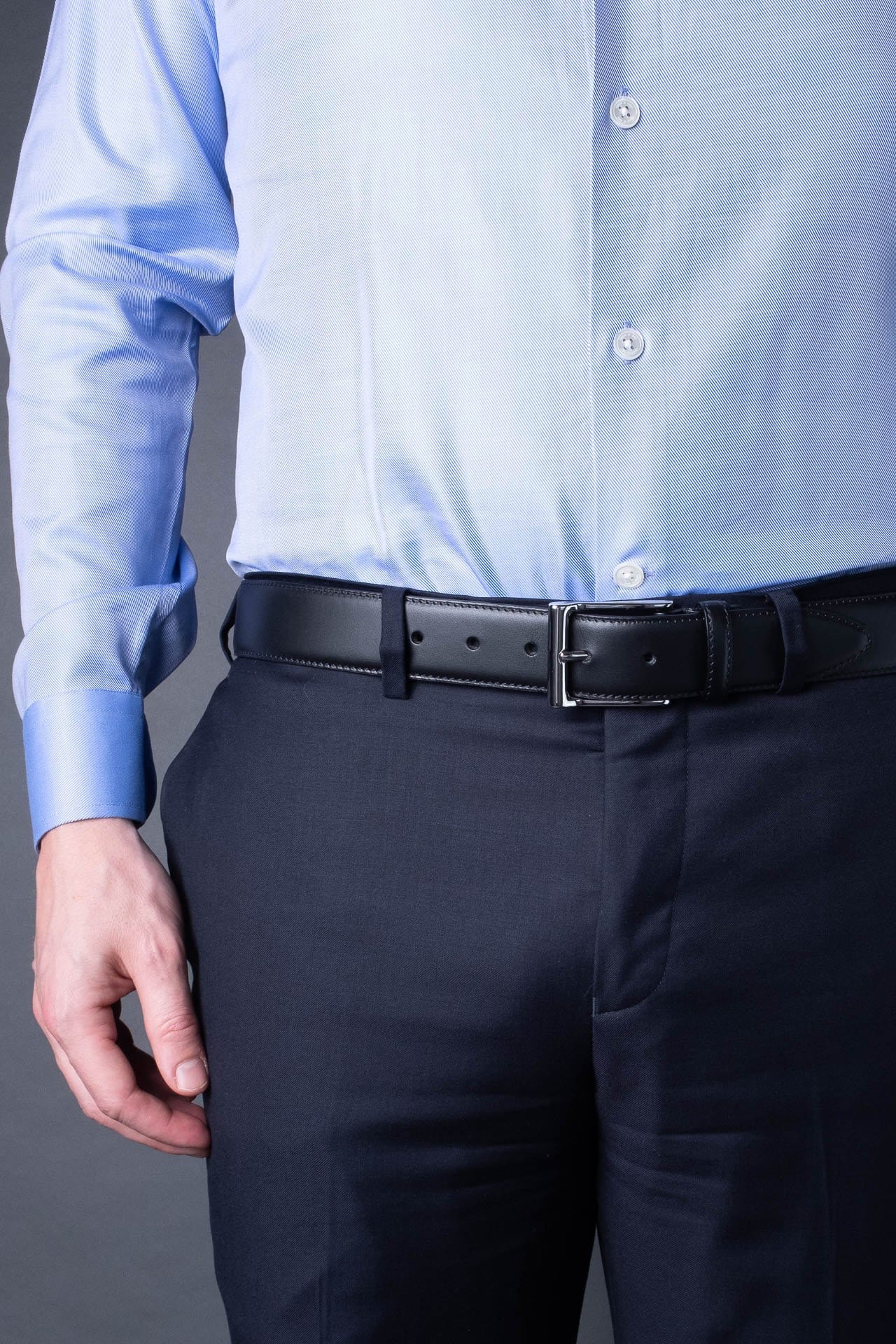 Black Leather Belt in minimalist design, Made in Italy from vegetable tanned leather. Perfect to match with hand made dress shoes. 