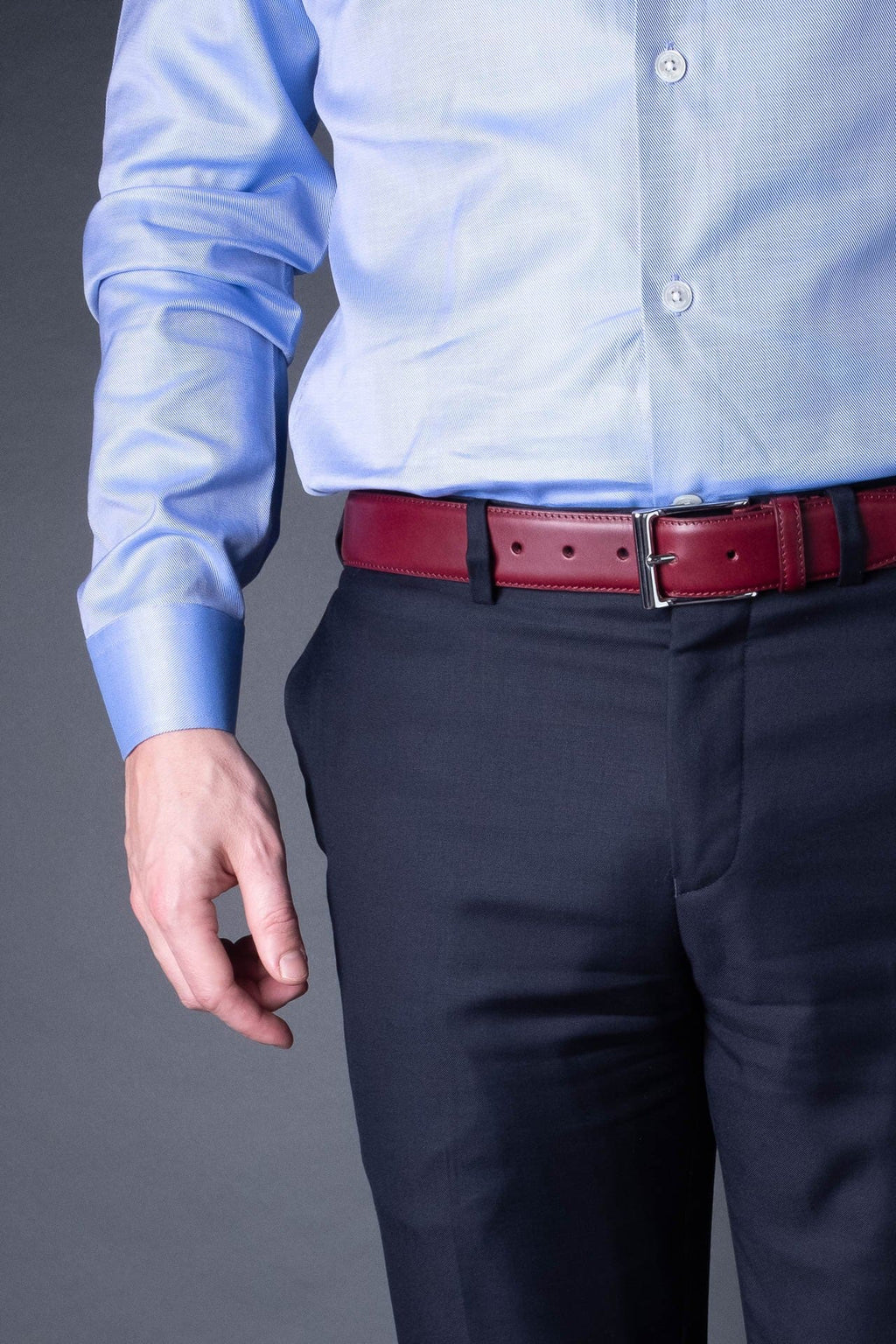 Rosewood Red Leather Belt in minimalist design, Made in Italy from vegetable tanned leather. Perfect to match with hand made dress shoes. 