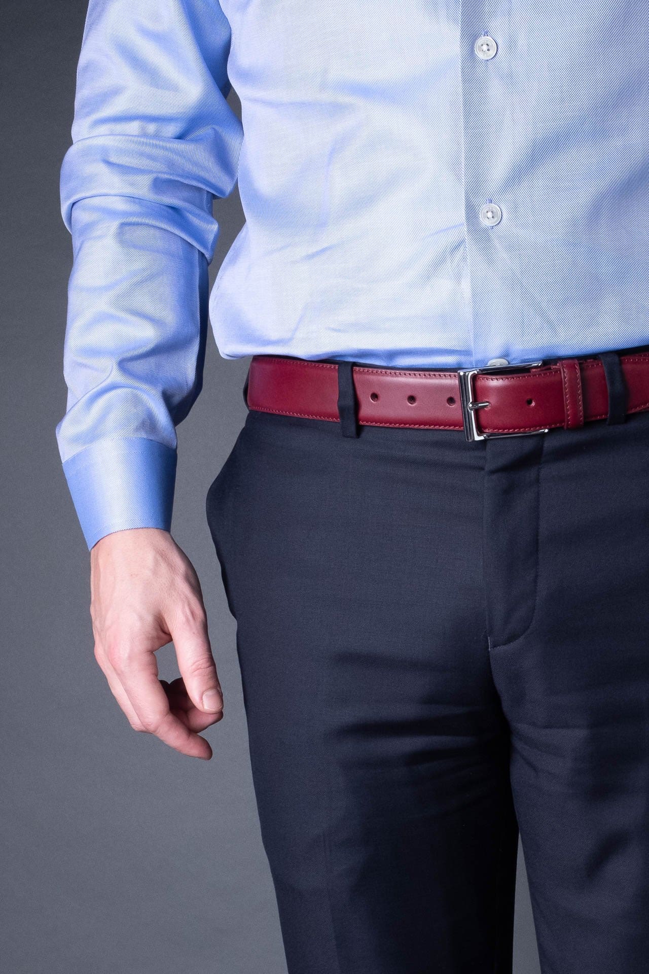 Rosewood Red Leather Belt in minimalist design, Made in Italy from vegetable tanned leather. Perfect to match with hand made dress shoes. 