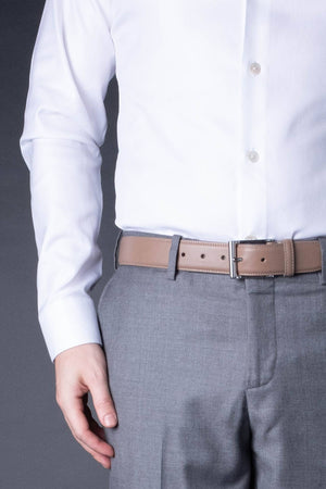Desert Gray Beige Leather Belt in minimalist design, Made in Italy from vegetable tanned leather. Perfect to match with hand made dress shoes. 