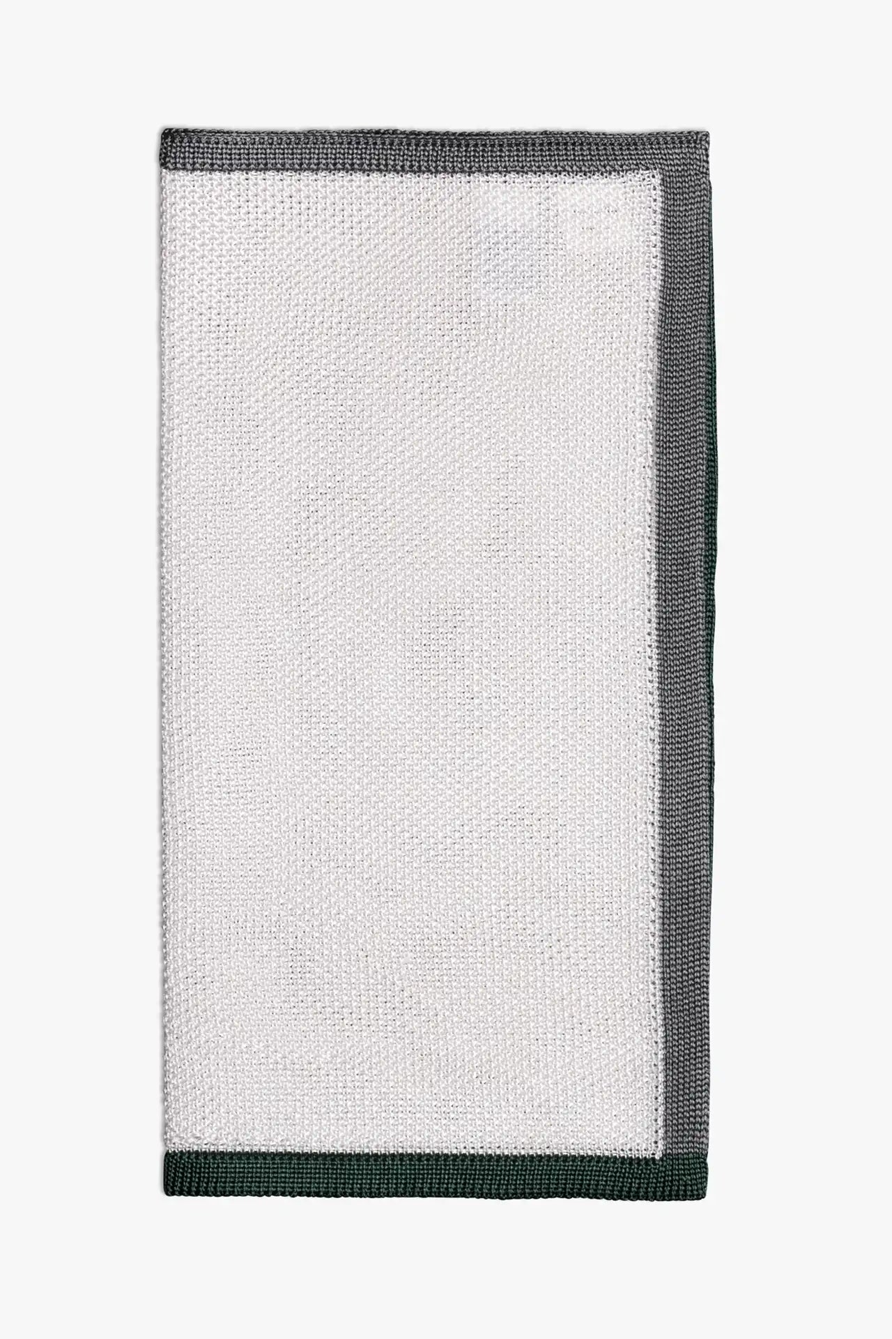 White pocket square with gray and green boarder. Knitted silk made in Italy.