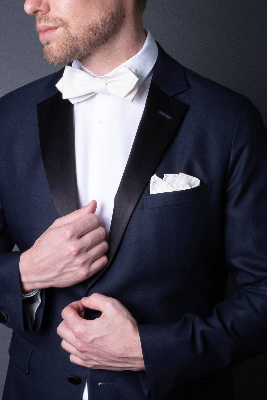 White tuxedo pocket square festive and formal woven silk hand made with matching bow tie