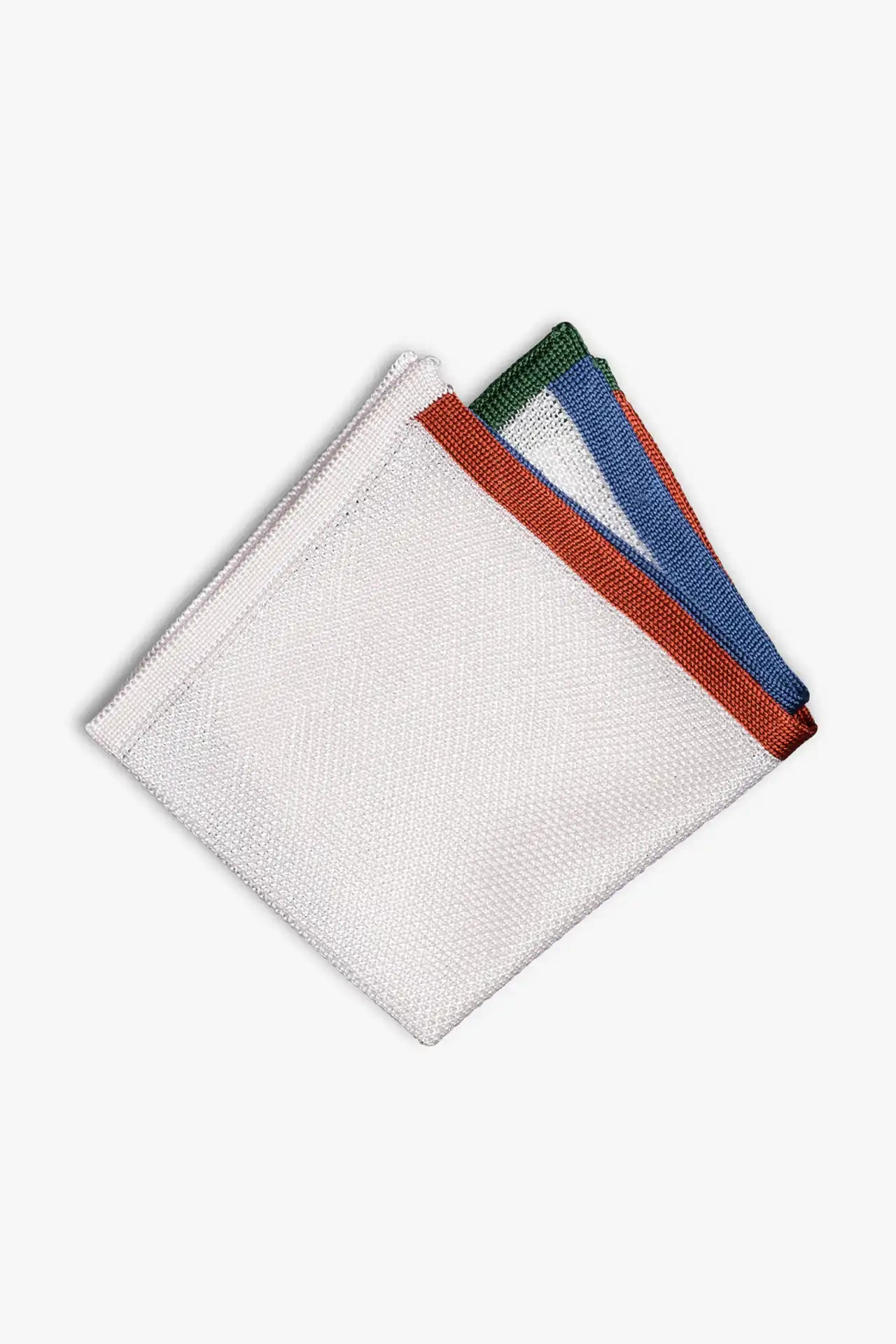 White pocket square with orange, blue and green boarder. Knitted silk made in Italy.
