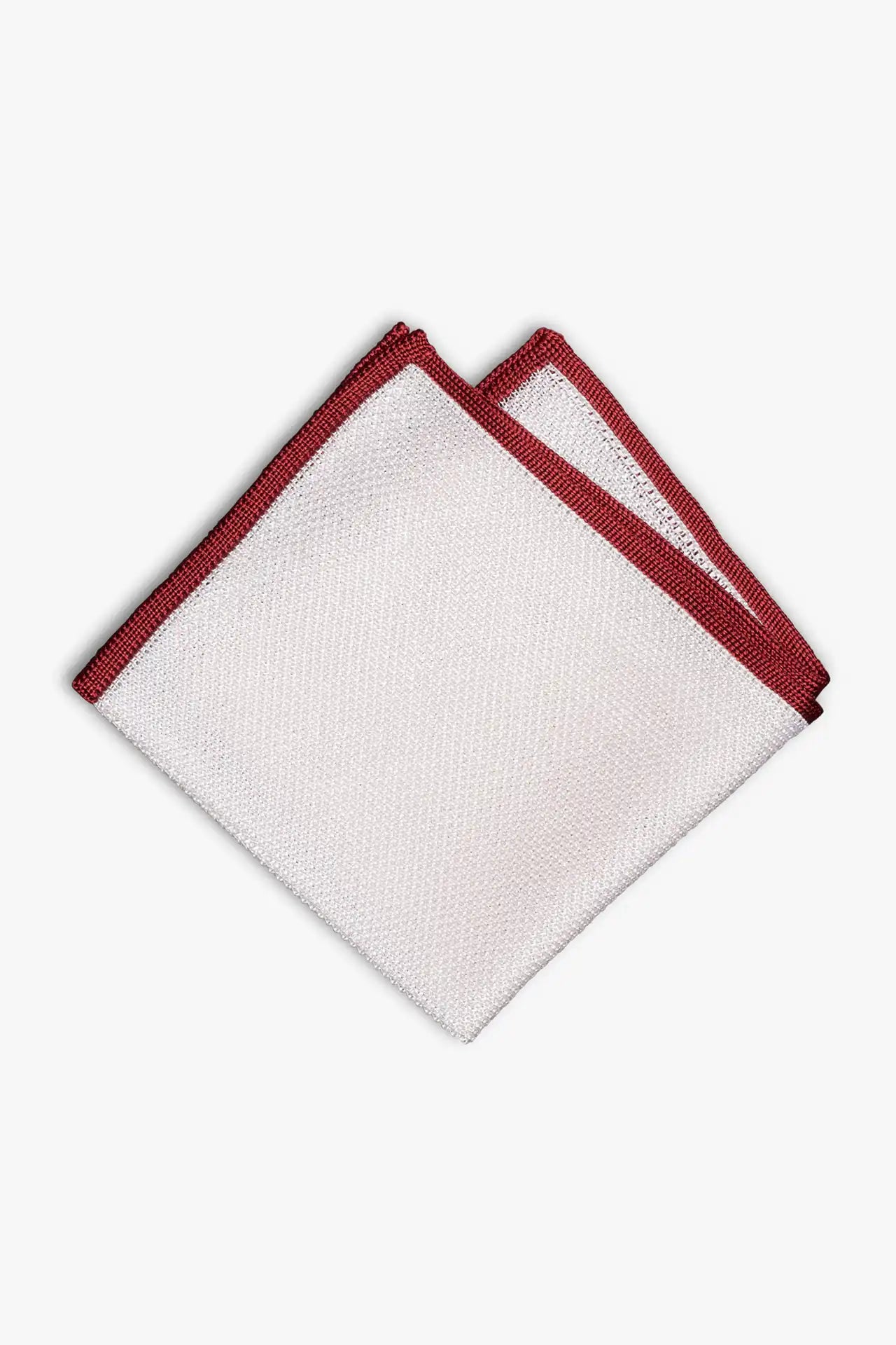White knitted silk pocket square with red frame. Made in Italy.
